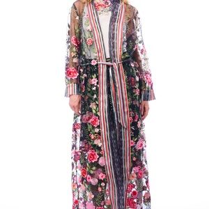 Aratta Floral Dark Rose Embroidered Sheer Maxi Duster Kimono Dress M